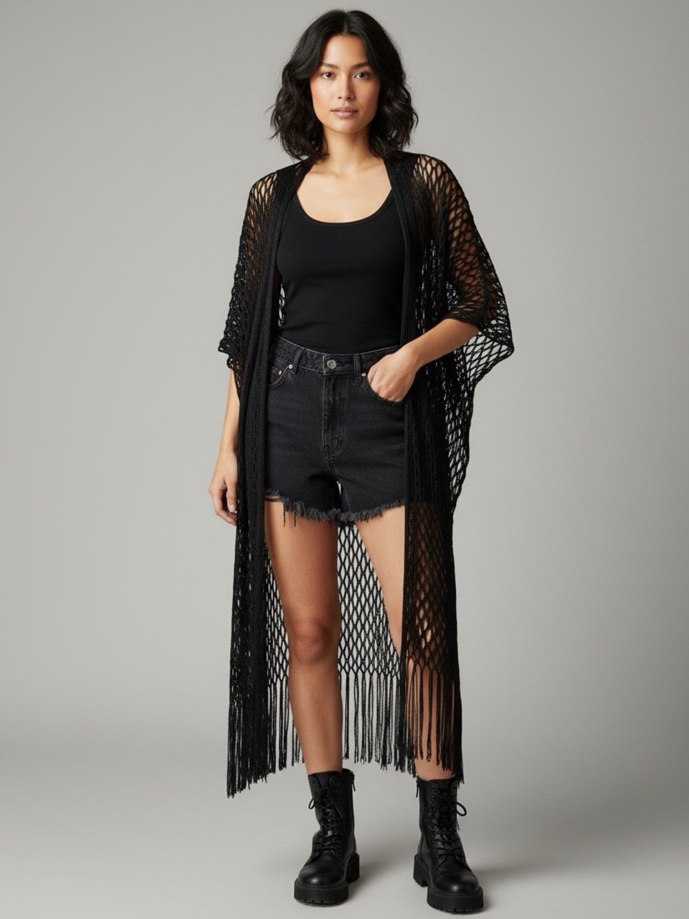 Whimsigoth Open-Knit Fringe Large Hole Black Duster Fairy Grunge